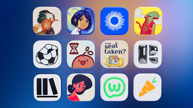 Collection of 12 app icons representing the finalists of the Apple App Store Awards 2025 displayed on a gradient blue background.