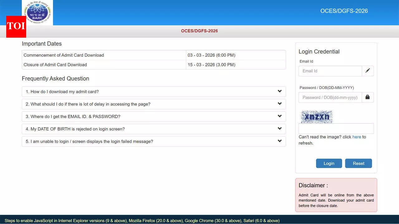 BARC OCES/DGFS, DDFS 2026 CBT today and tomorrow: Admit card link and key exam details